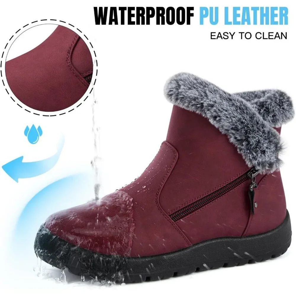 Women's Waterproof Snow Boot Warm Ankle Fur Lined Booties Insulated Shoes Red - Picture 4 of 6